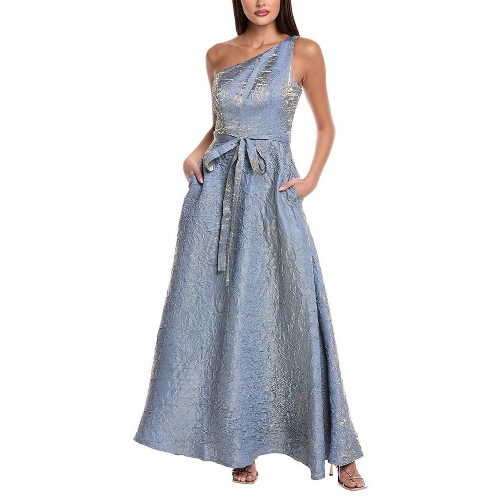 $1800 Rene Ruiz Collection One Shoulder A-Line Ball Gown Silver blue sz‎ 16